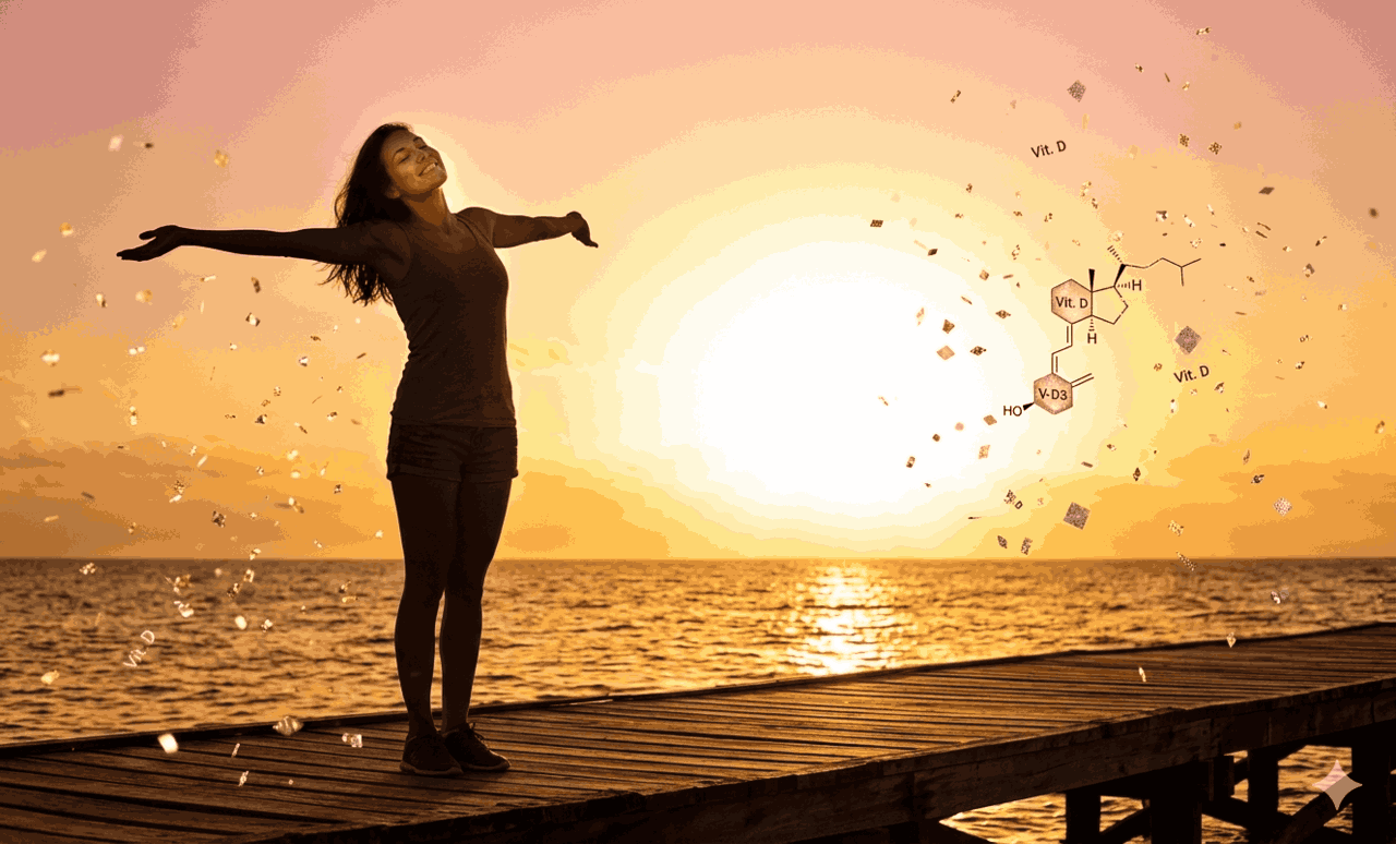 Donna che si espone al sole per la sintesi naturale di Vitamina D3, illustrando l'importanza dei raggi UVB per il sistema immunitario e il metabolismo osseo.