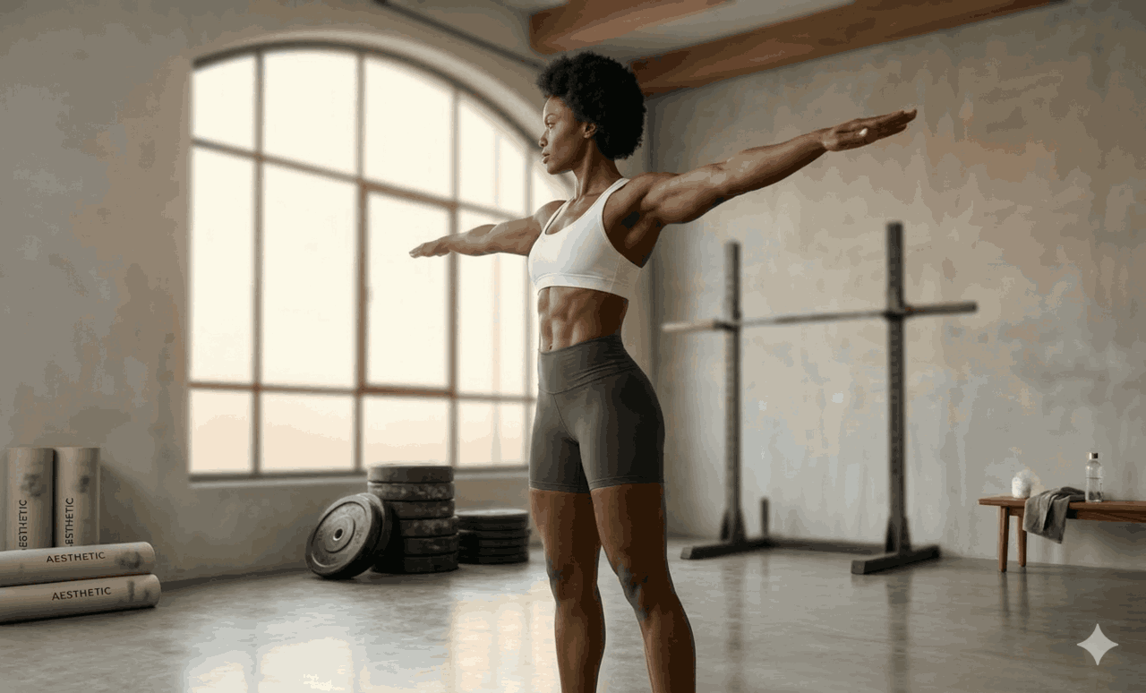 Donna sportiva in posa laterale che mostra un fisico tonico e atletico, esempio di miglioramento della composizione corporea e della massa magra rispetto alla semplice perdita di peso.