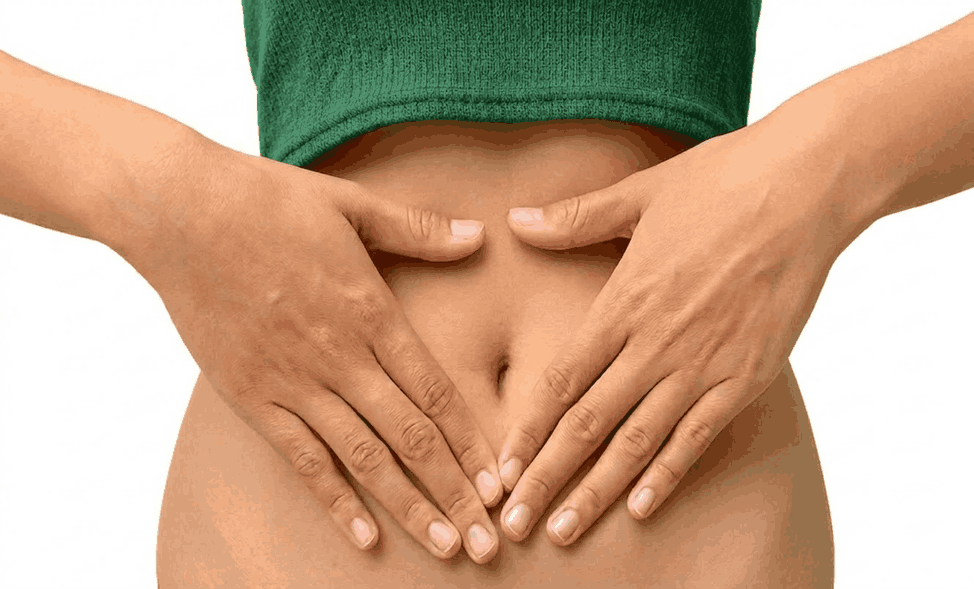Rappresentazione grafica della sindrome della permeabilità intestinale (Leaky Gut) con mani sull'addome e schema delle giunzioni serrate compromesse.