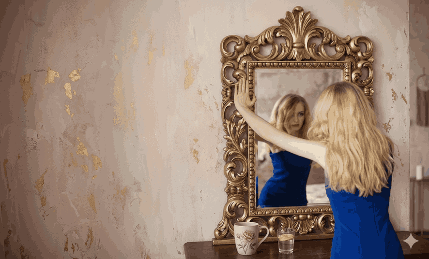 Donna bionda di spalle che si guarda allo specchio in un momento di riflessione, simbolo della percezione dell'immagine corporea influenzata dal ciclo ormonale.
