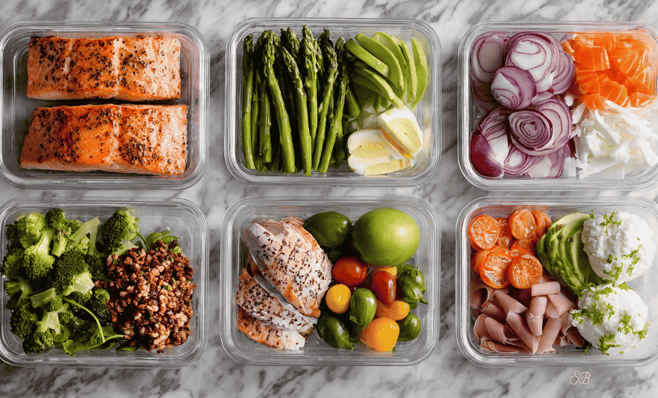 Sei contenitori con alimenti preparati in anticipo su piano in marmo: come organizzare i pasti della settimana in modo sano ed equilibrato