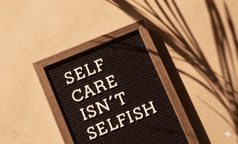 Bacheca nera con scritta Self Care Isn't Selfish e ombra di palma su sfondo sabbia, tema cura di sé e benessere.