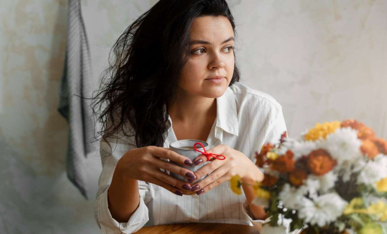 Donna pensierosa con tazza in mano riflette sull'ascolto dei segnali di fame e sazietà, mangiare intuitivo senza dieta